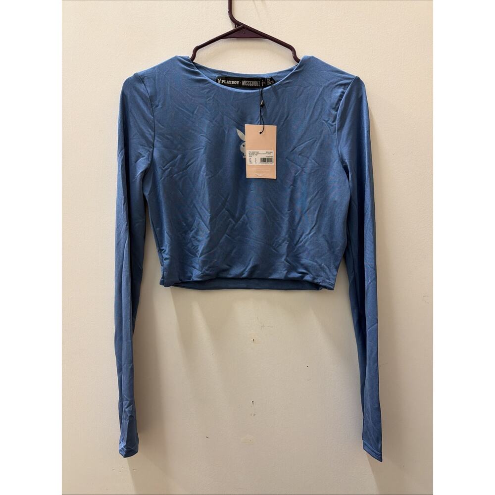 Playboy x Missguided Bunny Logo Gym Workout Blue Long Sleeve Top Size 8